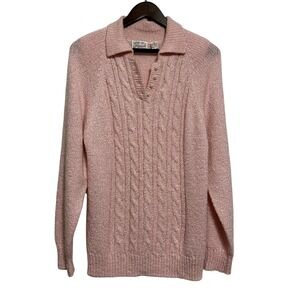 Miranda Sweater Womens XL Pink Cable Knit Polo Collar Faux Pearl Button Vintage